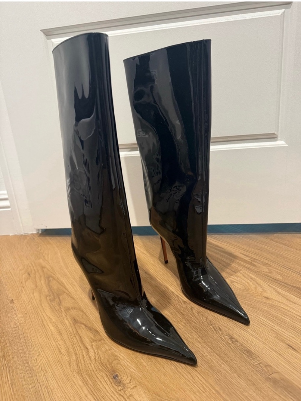 Amina Muaddi Black Patent Knee-High Pointed-Toe Stiletto Boots